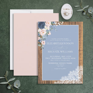 Formal dusty Blue Blush Rustic Wood Lace Wedding Einladung