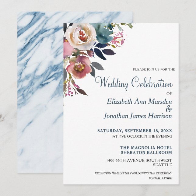 Formal Dusty Blue Champagner Wein Blumenzwiebeln Einladung (Vorne/Hinten)