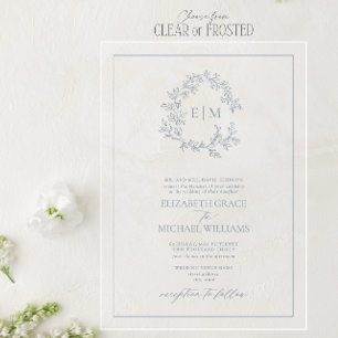 Formal Dusty Blue Leafy Wappen Monogram Wedding Acryleinladungen
