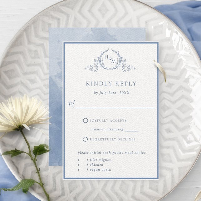 Formal Dusty Blue Monogram Wedding RSVP Card (Von Creator hochgeladen)