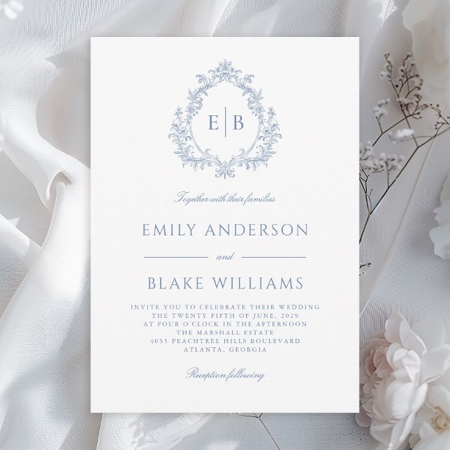 Formal Dusty Blue Monogram Wedding Wappen Einladung (Available in both printed and instant download digital formats.)