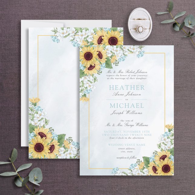 Formal Dusty Blue Sunflower Blumenzellenschrift Ho Einladung (Von Creator hochgeladen)