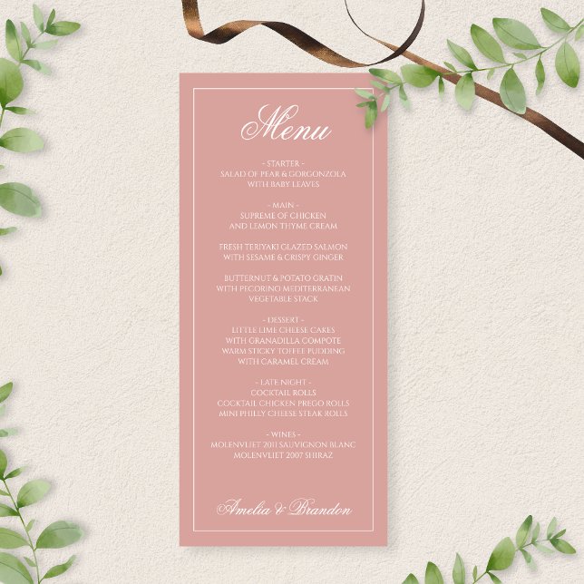 Formal Dusty Rose & White Border Script Wedding Menükarte (Von Creator hochgeladen)
