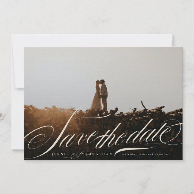 Formal Elegant Beige Calligraphy QR Code Photo Save The Date (Vorderseite)