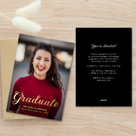 Formal Elegant Black Gold Script Photo Graduation Folieneinladung