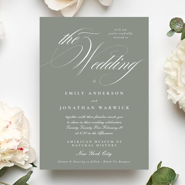 Formal Elegant Calligraphy Grey Green The Wedding Einladung (Von Creator hochgeladen)