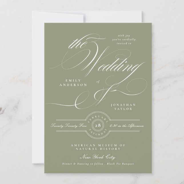 Formal Elegant Calligraphy Sage Green Wedding Einladung (Vorderseite)