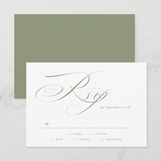 Formal Elegant Calligraphy Sage Green Wedding RSVP Karte (Vorne/Hinten)