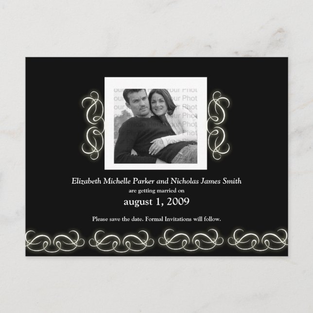 Formal Elegant Floral Save the Date Schwarz-weiß Ankündigungspostkarte (Vorderseite)