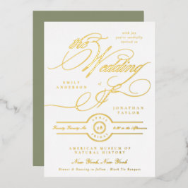 Formal Elegant Gold Calligraphy Sage White Wedding Folieneinladung