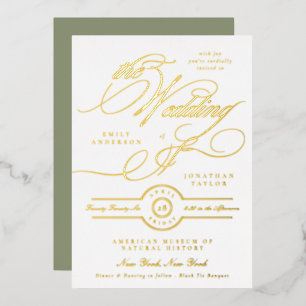 Formal Elegant Gold Calligraphy Sage White Wedding Folieneinladung
