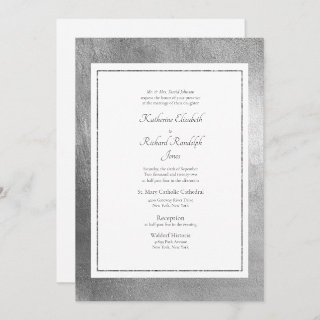 Formal & elegant Hochzeit Weiß & Silber Einladung (Vorne/Hinten)