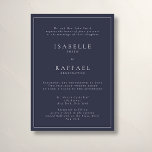 Formal Elegant Navy Multiple Location Wedding Einladung<br><div class="desc">Formale und elegante Hochzeitseinladung mit genügend Platz für zwei Hochzeitsorte oder Empfang-Locations,  klassisch gedämpfter marineblau Hintergrund und elegante Typografie.</div>