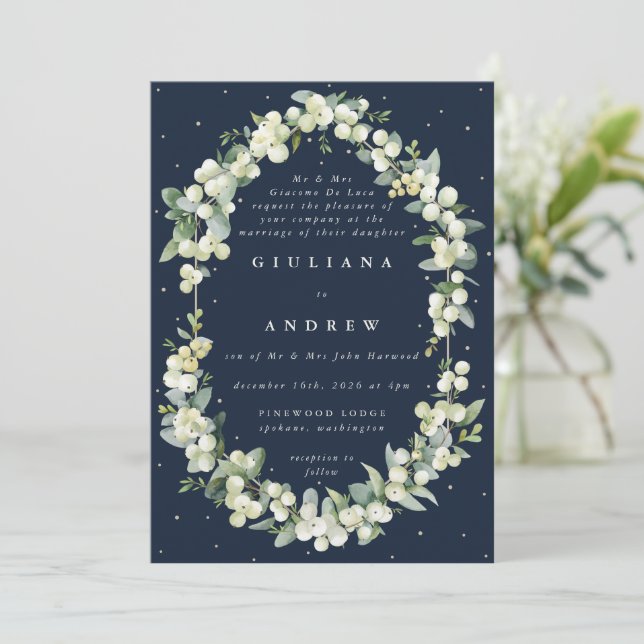 Formal Elegant Navy Snowberry+Eucalyptus Wedding Einladung (Stehend Vorderseite)