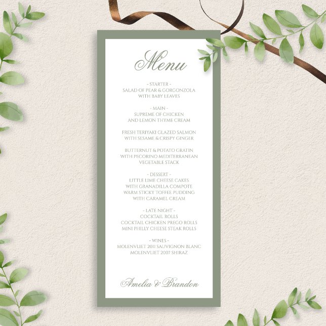 Formal Elegant Sage Green Border Script Hochzeit Menükarte (Von Creator hochgeladen)