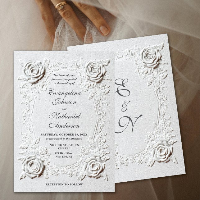Formal Elegant Script Faux Embossed Roses Wedding  Einladung (Von Creator hochgeladen)
