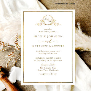 Formal, elegant, weiß und Gold Monogram Hochzeit Einladung
