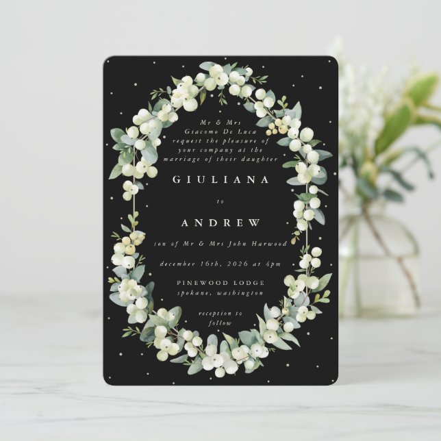 Formal Elegante Black Snowberry+Eucalyptus Wedding Einladung (Stehend Vorderseite)