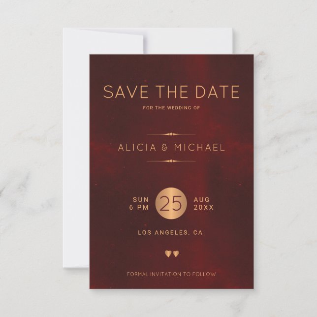 Formal elegante Luxus burgundy Goldhochzeit Save The Date (Vorderseite)
