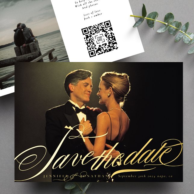 Formal Elegantes Gold Calligraphy QR Code Foto Folieneinladung (Von Creator hochgeladen)