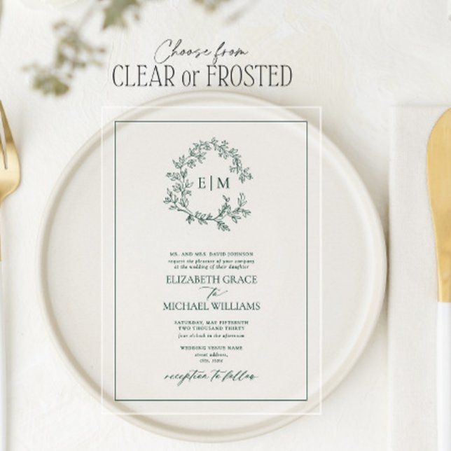 Formal Emerald Green Leafy Wappen Monogram Wedding Acryleinladungen (Von Creator hochgeladen)