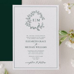 Formal Emerald Green Leafy Wappen Monogram Wedding Einladung