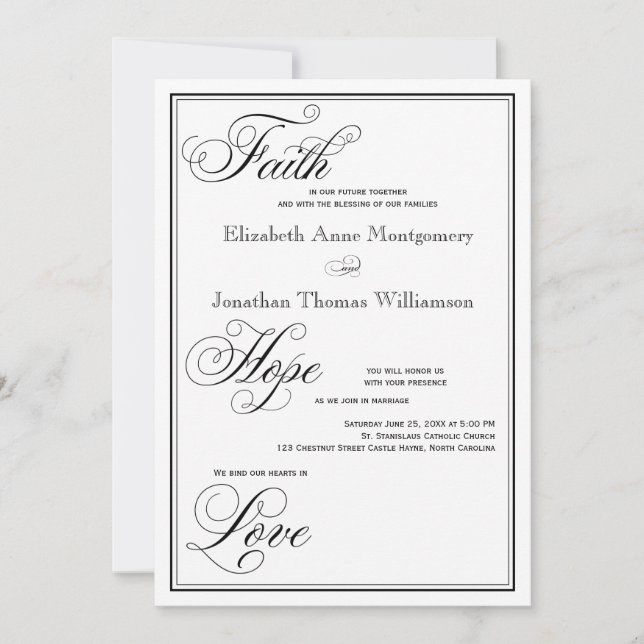 Formal Faith Hope Liebe Skript Hochzeit Einladung (Vorderseite)