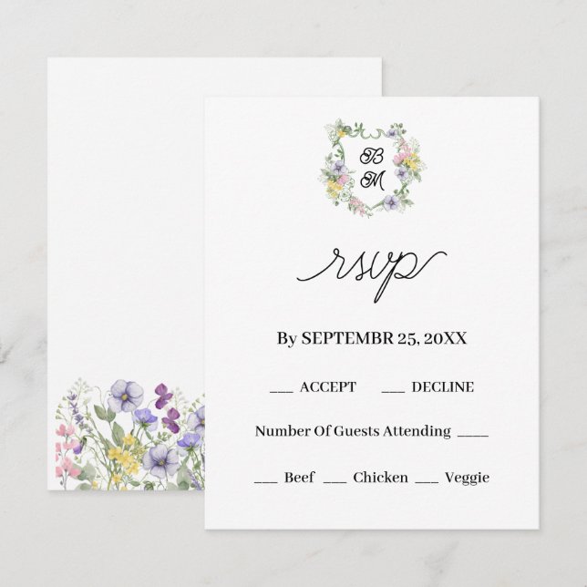 Formal Floral Monogram Crest Wedding RSVP Karte (Vorne/Hinten)