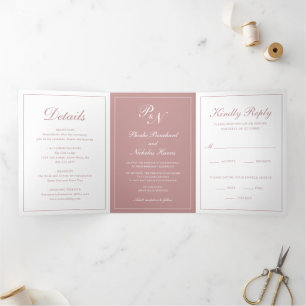 Formal Foto Monogram Elegant Dusty Rose Hochzeit Dreifach Gefaltete Einladung