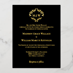 Formal Gold Foil Black Monogram Wreath Wedding Folie Einladungspostkarte