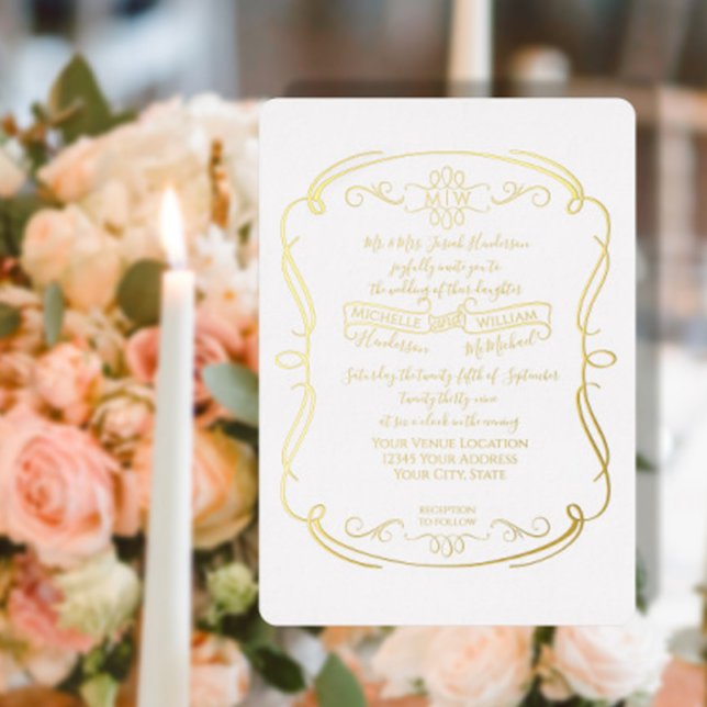 Formal Gold Foil Vintage Scrolls Hochzeit Folieneinladung (Von Creator hochgeladen)