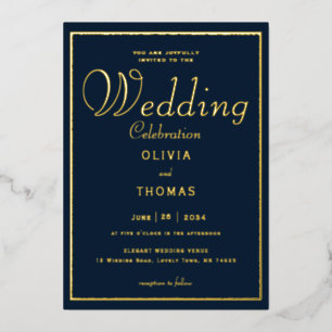 Formal Gold Frame Calligraphy Navy Wedding Folieneinladung