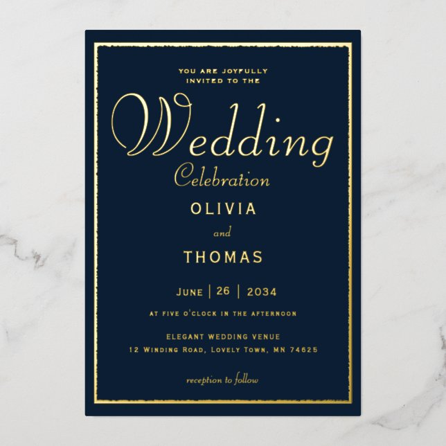 Formal Gold Frame Calligraphy Navy Wedding Folieneinladung (Vorderseite)