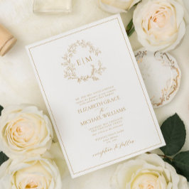 Formal Gold Leafy Crest Monogram Wedding Einladung