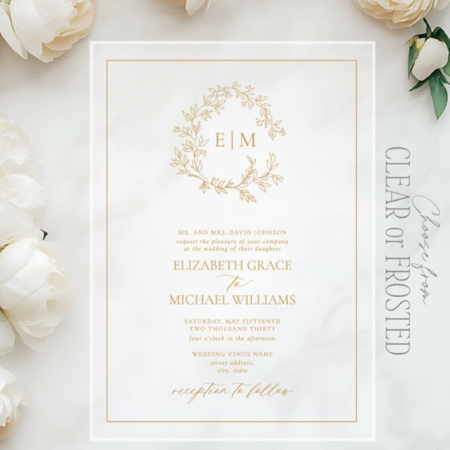 Formal Gold Leafy Wappen Monogram Wedding Acryleinladungen (Von Creator hochgeladen)