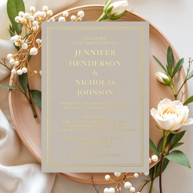 Formal Gold Taupe Hochzeit Folieneinladung (Elegant Formal Gold Taupe Wedding Foil Invitation)