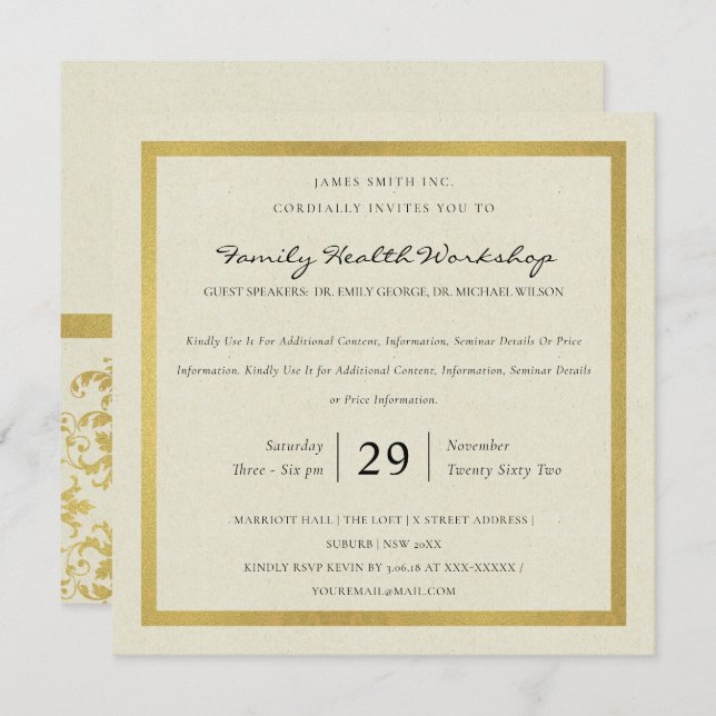 FORMAL GOLD WHITE DAMASK CLASSIC WORKSHOP EVENT EINLADUNG (Vorne/Hinten)