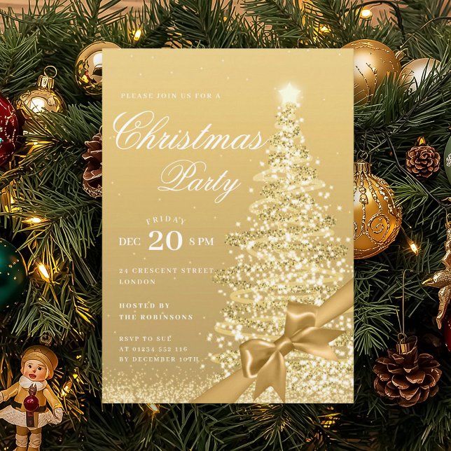 Formal Gold Winter Christmas Tree Bow Holiday  Einladung (Formal Gold Winter Christmas Tree Bow Holiday Invitation)