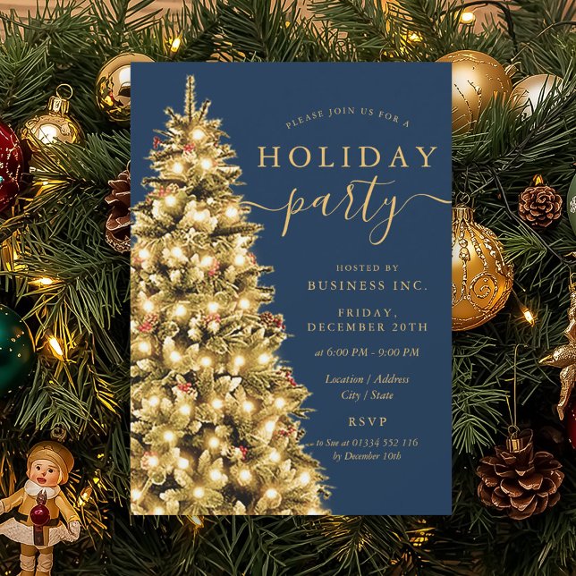 Formal Gold Xmas Tree Corporate Holiday Navy Blue  Einladung (Formal Gold Xmas Tree Corporate Holiday Navy Blue Invitation)