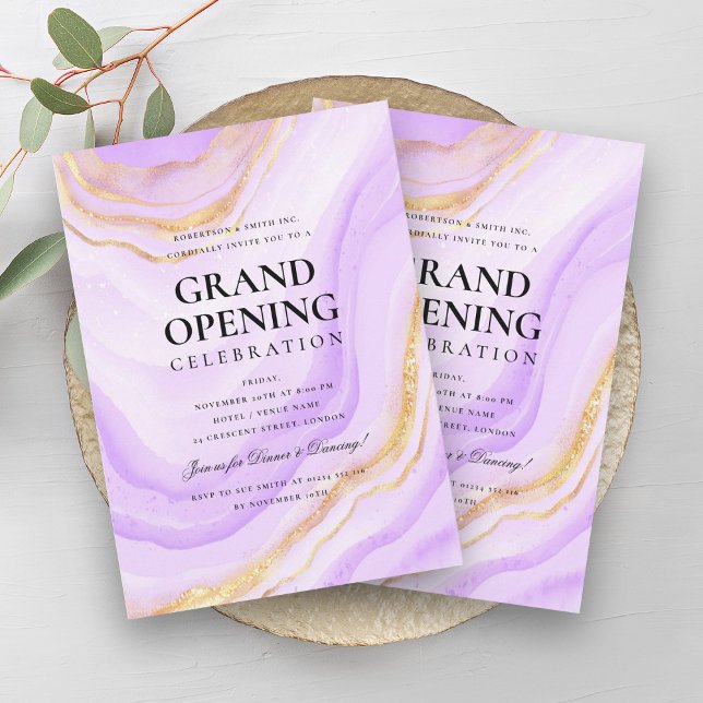 Formal Grand Opening Lila Gold Marble Glitzer Einladung (Formal Grand Opening Purple Gold Marble Glitter Invitation)