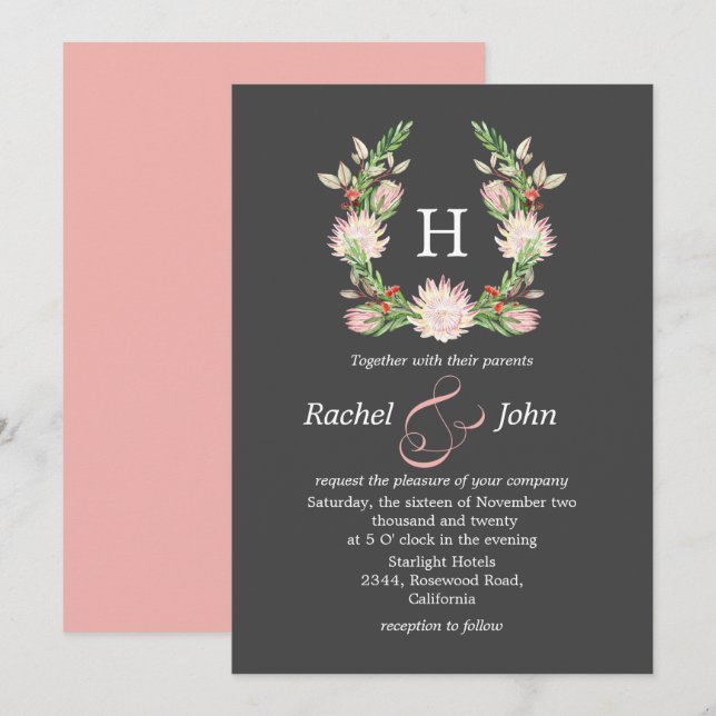 Formal Gray Australian Floral Monogram Wedding Einladung (Vorne/Hinten)