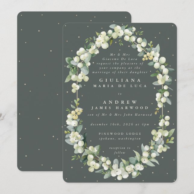Formal Grey Green Snowberry+Eucalyptus Wedding Einladung (Vorne/Hinten)