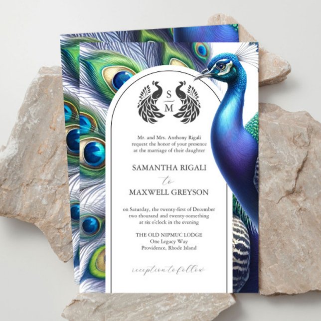 Formal Hochzeitseinladungen für Wasserfarbenpfaue Einladung (Fairytale wedding invitations watercolor peacock and monogram on Zazzle by Victoria Grigaliunas)