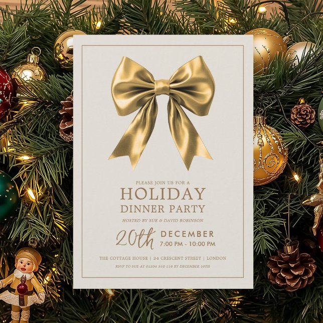 Formal Holiday Dinner Party Gold Satin Bow Einladung (Formal Holiday Dinner Party Gold Satin Bow Invitation)