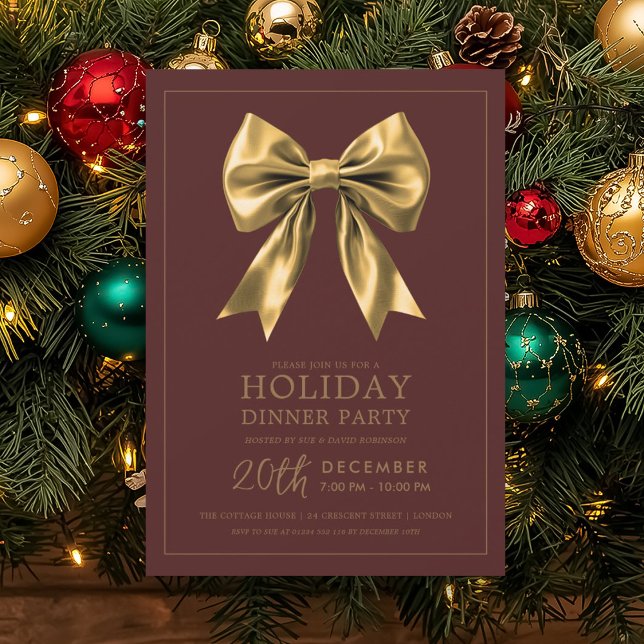 Formal Holiday Dinner Party Gold Satin Bow Marsala Einladung (Formal Holiday Dinner Party Gold Satin Bow Marsala Invitation)