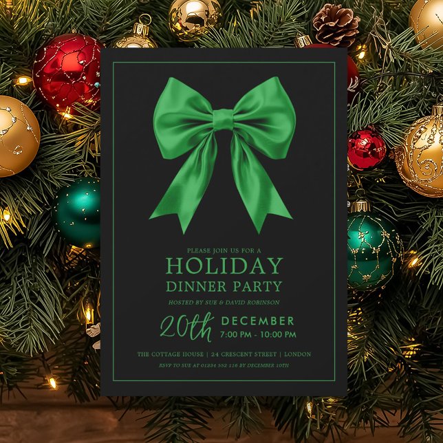 Formal Holiday Dinner Party Green Satin Bow Black  Einladung (Formal Holiday Dinner Party Green Satin Bow Black Invitation)