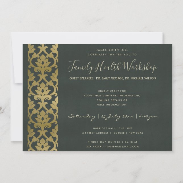 FORMAL IMITATS GOLD BLACK DAMASK WORKSHOP-VERANSTA EINLADUNG (Vorderseite)