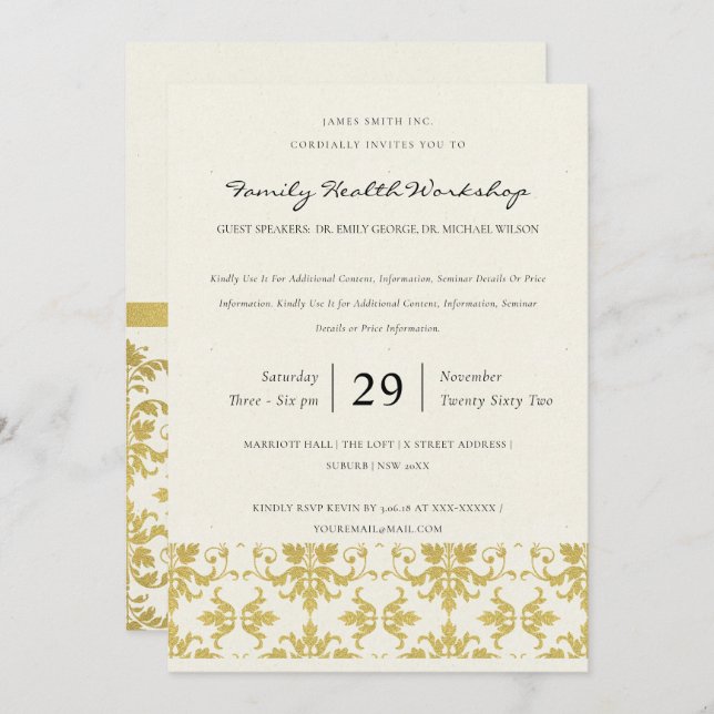 FORMAL IMITATS GOLD DAMASK CLASSIC WORKSHOP EREIGN EINLADUNG (Vorne/Hinten)