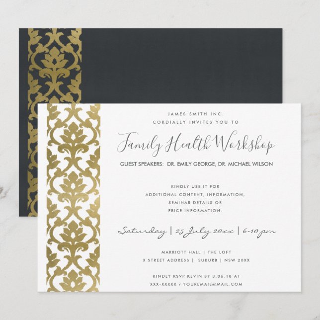 FORMAL IMITATS GOLD WHITE DAMASK WORKSHOP-VERANSTA EINLADUNG (Vorne/Hinten)