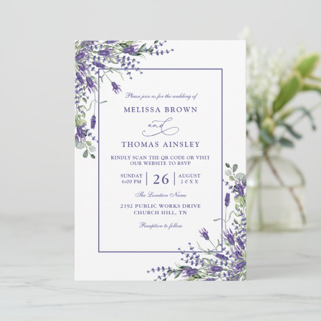 Formal Lavender Eucalyptus Budget QR Code Wedding Einladung (Stehend Vorderseite)